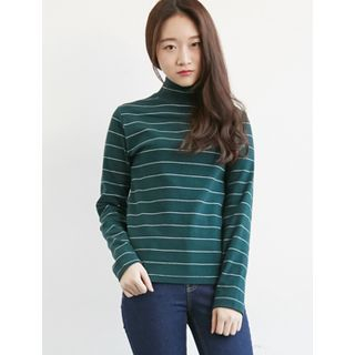 FROMBEGINNING Mock-Neck Striped T-Shirt