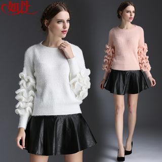 Kotiro Frilled Trim Sweater / Faux Leather Skirt / Set: Frilled Trim Sweater + Faux Leather Skirt