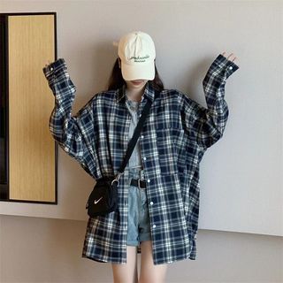 Long-Sleeve Plaid Shirt Plaid - Black & White - One Size