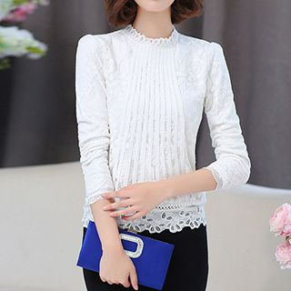 Beekee Fleece-lined Stand-collar Lace Top