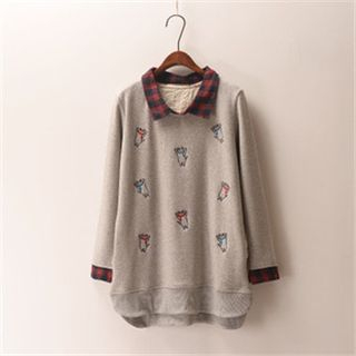 P.E.I. Girl Cat Embroidery Layered Look Collar Sweater