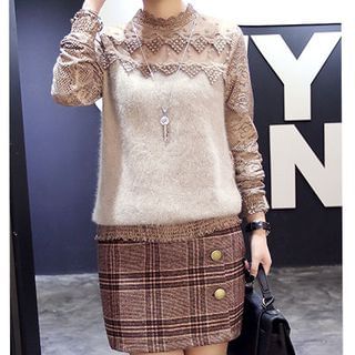 Sienne Long-Sleeve Knit Panel Lace Top