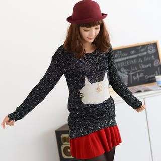 59 Seconds Cat Print Marled Knit Sweater