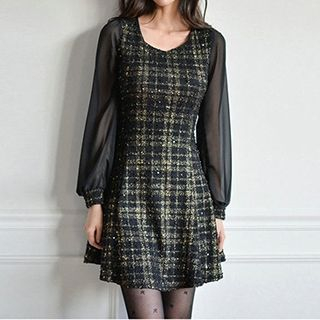 Fashion Street Chiffon-Sleeve Plaid A-Line Dress