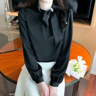 Long-Sleeve Plain Faux Pearl Bow Blouse