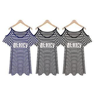 Eloqueen Cutout-Shoulder Lettering Striped Tunic