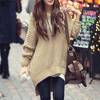 Fashion Street Long Sleeved Hooded Dip Back Knit Top
