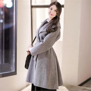 Attrangs Hidden-Button Wool Blend Coat With Sash