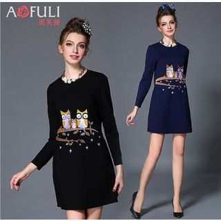 Ovette Long-Sleeve Owl Embroidered Dress