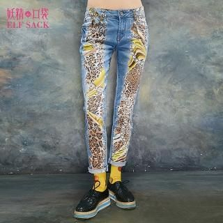 ELF SACK Leopard-Print Slim-Fit Jeans