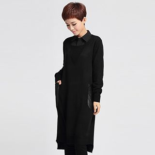 OnceFeel Faux Leather Panel Long Sweater