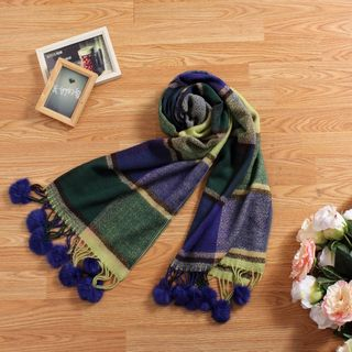 Blue Hat Pompom-Accent Plaid Scarf