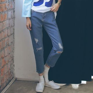 Porta Distressed Washed Denim Cropped Jeans