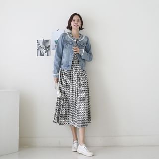 Lace-Neck Denim Jacket Blue - One Size