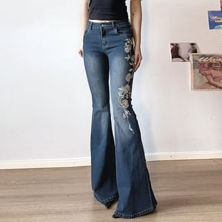 High Waist Embroidered Flared Jeans