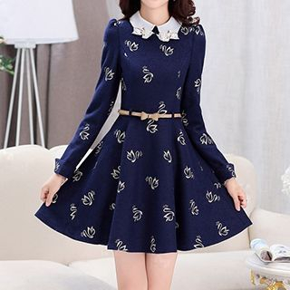 Romantica Wool Blend Long-Sleeve Embroidered Belted Dress