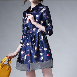 Fumiko Bird Printed 3/4-Sleeve A Line Dress