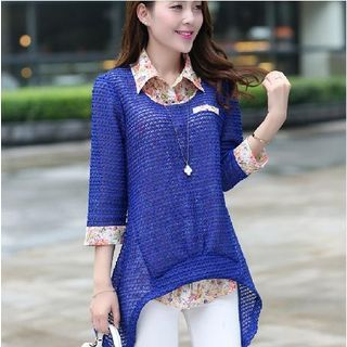 Saronala Set: Floral Sleeveless Shirt + Pointelle Knit Top