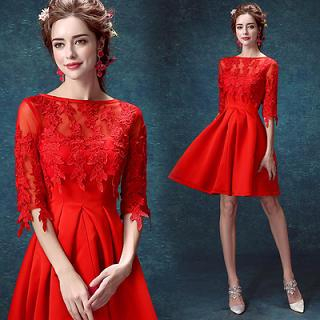 Angel Bridal Elbow-Sleeve Lace Party Dress