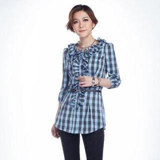 3/4-Sleeve Ruffle Plaid Blouse