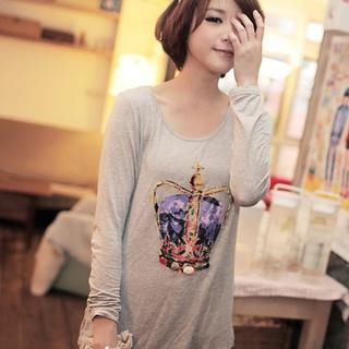 Long Sleeve Crown Print T-Shirt Gray - One Size