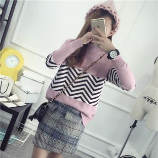 Qimi Stand Collar Striped Knit Pullover