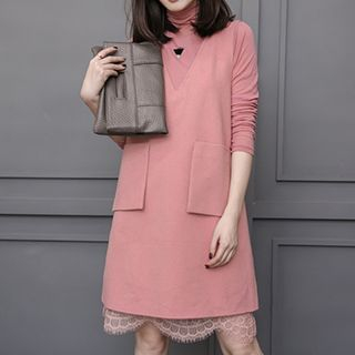 lilygirl Set: Turtleneck Long-Sleeve Lace Dress + Jumper Dress + Necklace