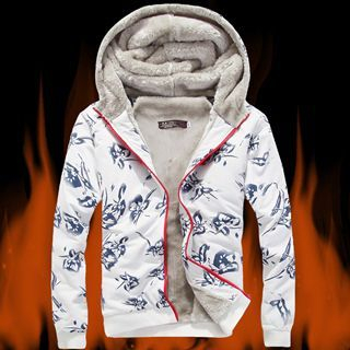 Chic Maison Fleece-Lined Printed Hooded Zip Jacket
