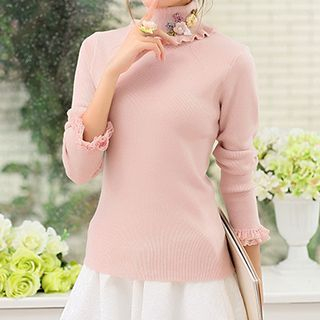 Emeline Frilled Stand Collar Knit Pullover