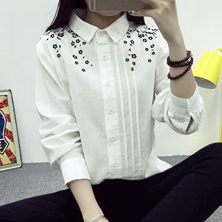 Jolly Club Long-Sleeve Embroidered Pintuck Blouse