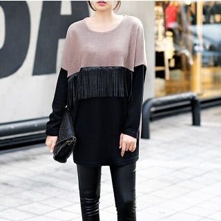 Everose Fringed Long-Sleeve Two-Tone Top