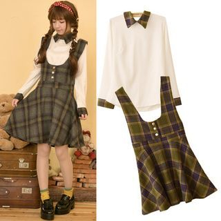 Angel Love Set: Plaid Collar Blouse + Plaid Jumper Dress