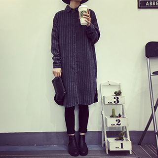 Eva Fashion Pinstriped Long-Sleeve Woolen Blouse