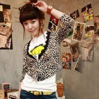 Leopard Print Lace Hem Jacket Brown - One size