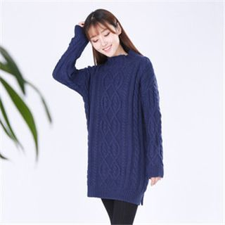 11.STREET Mock-Neck Cable Knit Long Sweater