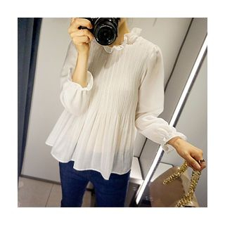 LEELIN Frill-Trim Shirred Chiffon Top