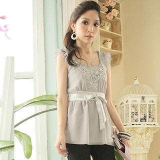 "Flower" Appliqu  Sleeveless Chiffon Babydoll Top
