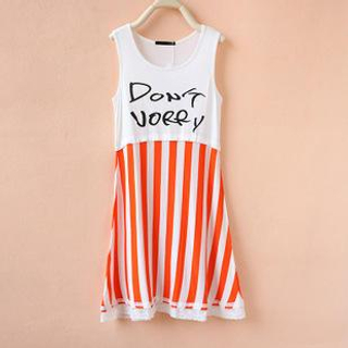 Cute Colors Sleeveless Lettering Striped Panel Long Dress