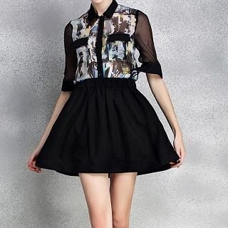 Ozipan Set: Elbow-Sleeve Printed Shirt + A-Line Skirt