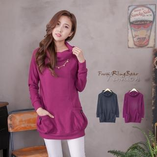RingBear Pocket-Accent Turtle-Neck Hooded Long-Sleeve Top