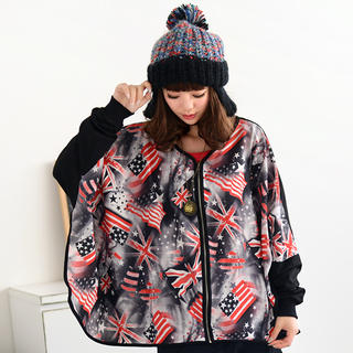 59 Seconds Dolman-Sleeve Flag Print Oversized Jacket Black and Red - One Size