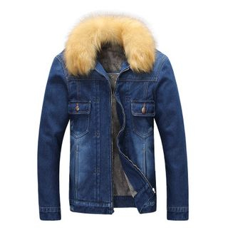 Danjieshi Faux Fur Collared Denim Jacket