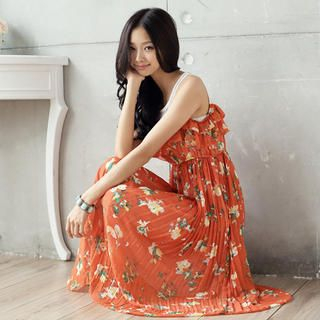 Tokyo Fashion Mesh-Yoke Sleeveless Floral Dress