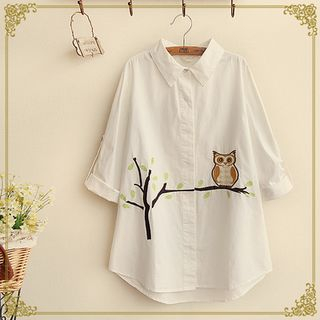 Fairyland Tab-Sleeve Owl Embroidered Shirt