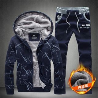 Alvicio Set: Fleece-lined Printed Hooded Jacket + Sweatpants