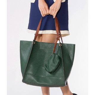 yeswalker Faux Leather Tote with Pouch Green - One size