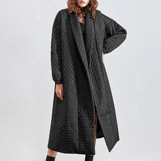 Plain Quilted Midi Open Front Jacket Black - One Size