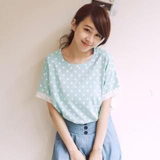 Tokyo Fashion Short-Sleeve Lace-Panel Polka Dot Top