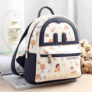 Princess Carousel Print Color-Block Faux Leather Backpack