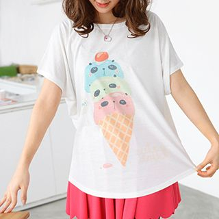 59 Seconds Panda-Faced Ice Cream Print T-Shirt White - One Size